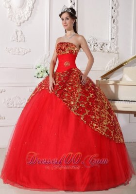Red Quinceanera Dress Strapless Tulle Beading Ruch