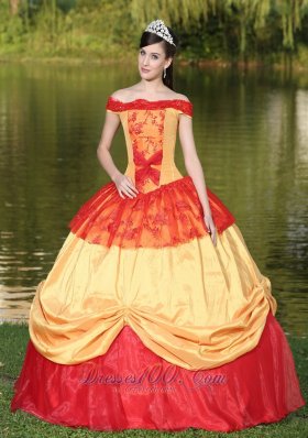 Colorful Shoulder Neckline Quinceanera Dress With Appliques