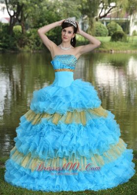 Showy Organza Aqua Blue Strapless Tiered Quinceanera Dress