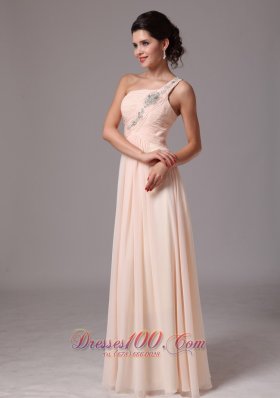 One Shoulder Champagne Beaded Chiffon Prom Gowns