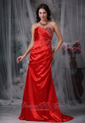 Blood Red Brush Train Taffeta Beading Prom Dress
