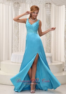 High Slit Aqua Blue Beaded Prom Evening Dress