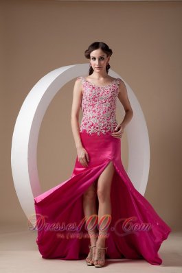 Appliques Fuchsia Evening Dress Scoop Side Split