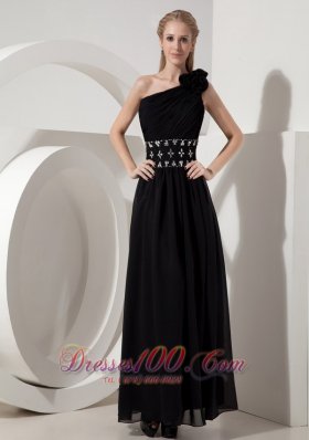 One Shoulder Little Black Dress Chiffon Beading Ankle-length