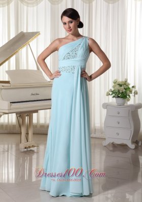 One Shoulder Chiffon Beaded Maxi Dress Light Blue