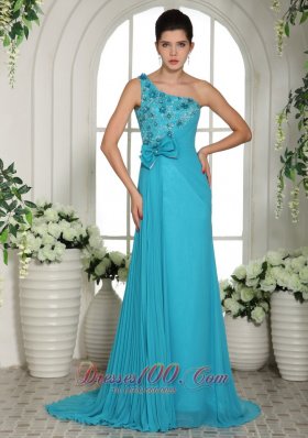 Blue Hand Made Flowers One Shoulder Prom Gowns
