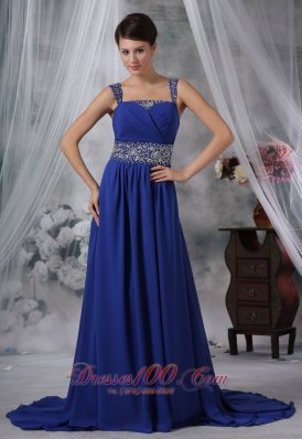 Beading Straps Royal Blue Chiffon Prom Evening Dress