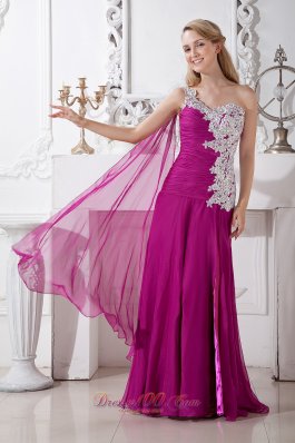 Watteau Train Fuchsia One Shoulder Appliques Prom Evening Dress