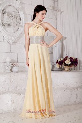 Silver Belt Light Yellow Straps Prom Evening Dress