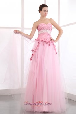 Handmade Flowers Pink Tulle Appliques Prom Dress