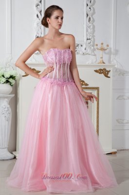 Appliques Pink Prom Dress Strapless Brush Train Tulle