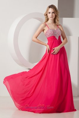 Spaghetti Straps Heavy Beading Chiffon Fuchsia Prom Dress