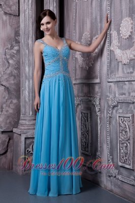 Aqua Blue Evening Dress Straps Empire Beading