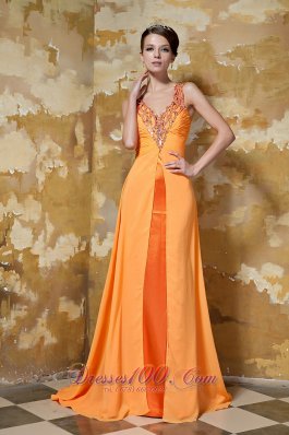 V-neck Brush Beading Prom Evening Dress Orange