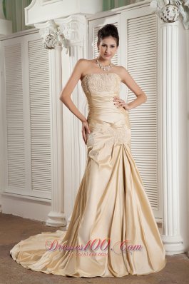 Appliques Court Champagne A-line Prom Pageant Gown