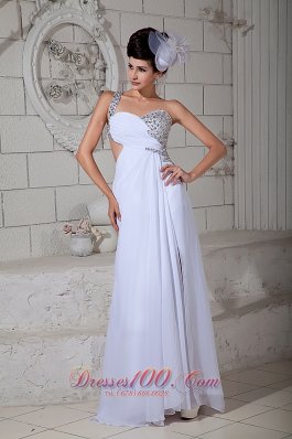 One Shoulder White Beading Brush Prom Evening Gown