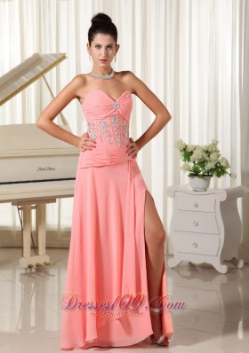 High Slit Watermelon Evening Dress Beading