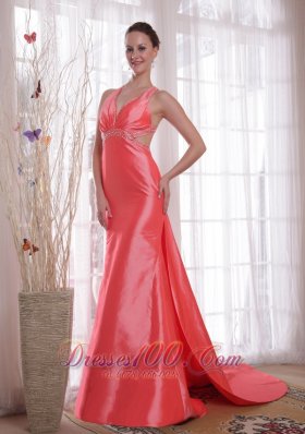 Watteau Sheath Straps Watermelon Prom Party Dress