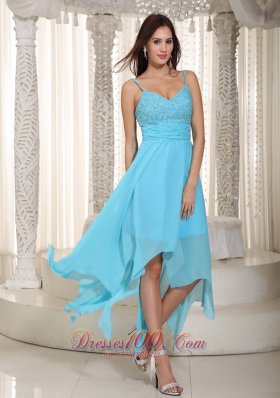 Asymmetrical Baby Blue Straps Prom Dress Pleats