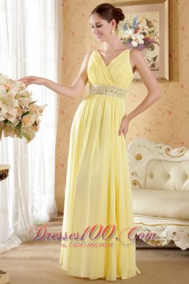 Prom Evening Dress Yellow Column V-neck Beading Ruch