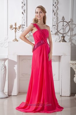 Coral Red One Shoulder Sequins Prom Dress Brush