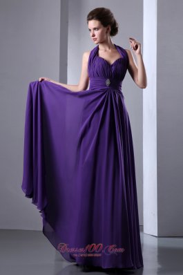 Purple Halter Prom Dress Beading Pleats Backless