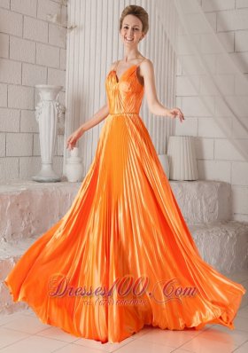 Orange Red Pleat Prom Dress Spaghetti Straps V-neck