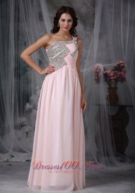 One Shoulder Baby Pink Beading Prom Dress Designers