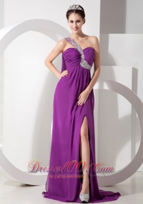 Watteau Train High Slit One Shoulder Prom Evening Gowns