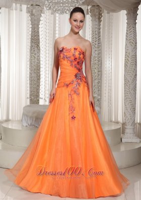 Orange Ruched Organza Prom Dress With Appliques