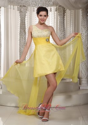 One Shoulder Beading Yellow High low Dress for Prom