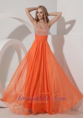 Straps Chiffon Beading Orange Prom Evening Dress