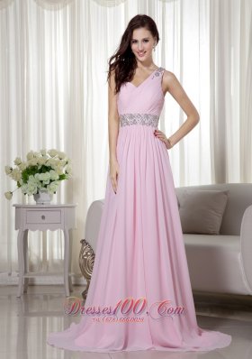 One Shoulder Brush Baby Pink Celebrity Dress Beaded