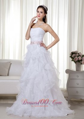 Ruffled Brush Beading White Prom Dress Organza