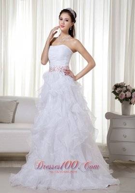 Ruffled Brush Beading White Prom Dress Organza