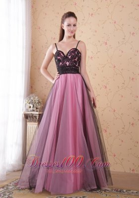 Spaghetti Straps Tulle Rose Pink Lace Prom Dress