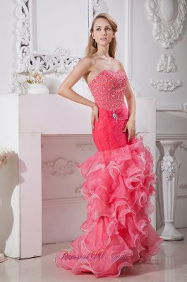 Coral Red Mermaid Prom Dress High-low Beaded