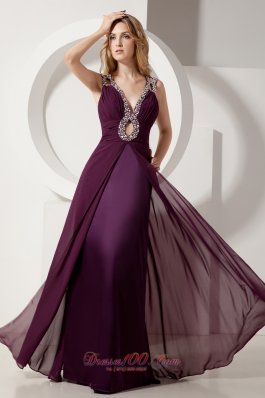 Dark Purple V-neck Prom Evening Dress Keyhole Beaded