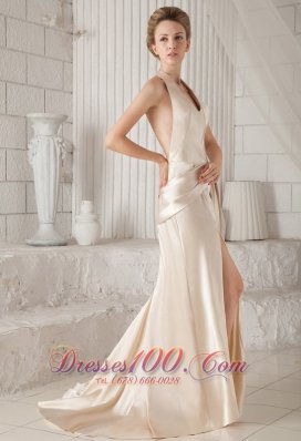 Halter Open Back High Slit Champagne Prom Dress