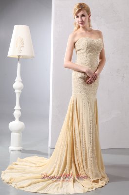 Court Train Beading Mermaid Gold Prom Celebrity Dress Sequined