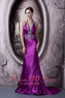 Affordable Eggplant Purple Evening Dress Column Halter