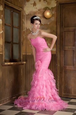 Mermaid Pink Hand Made Flower Ruffled Prom Dress