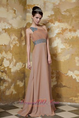 One Shoulder Brown Chiffon Beading Prom Dress