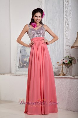 Watermelon Spaghetti Straps Chiffon Sequined Prom Dress