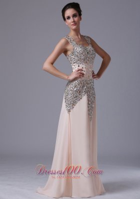 Champagne Beaded Chiffon Column Evening Prom Dress