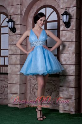 Aqua A-line Deep V-neck Beading Prom Homecoming Dress