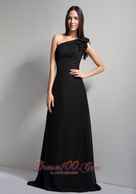 Black A-line One Shoulder Brush Train Prom Dress