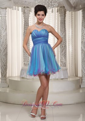 Two-tone Aqua Organza Mini-length Cocktail Dress Ruched