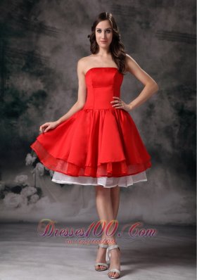 Knee-length White and Red Prom Graduation Dress with Layers