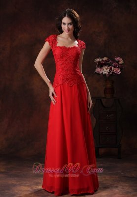 Square Cap Sleeves Red Prom Dress with Lacework